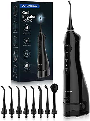 Munddusche Kabellos Elektrische Zahnreiniger Hangsun Zahnreinigung mit 8 Aufsteckdüsen und 3 Modi, 300ml Wassertank Schwarz Oral Irrigator für Kieferorthopädischer, Zahnpflege, Zuhause & Reise