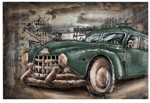Tableau mural en métal 3D en relief fait à la main Motif voiture classique Cyan 120 x 80 x 6 cm
