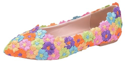 Jamron Dam Elegant spetsig tå blomma spets pärlor brudskor pumpar mjuk sula balettskor, Färgad blomma, 38.5 EU