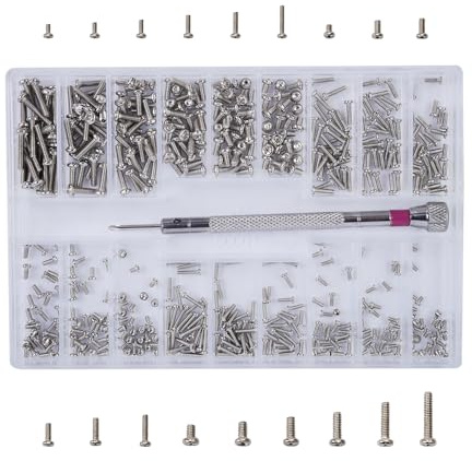 VOANZO Kit de vis de réparation Micro argentées 500 pièces, 18 Tailles de Petites vis en Acier Inoxydable avec Tournevis, kit de vis de Remplacement pour Lunettes de Montre et Ordinateur M1.2 M1.4 M2