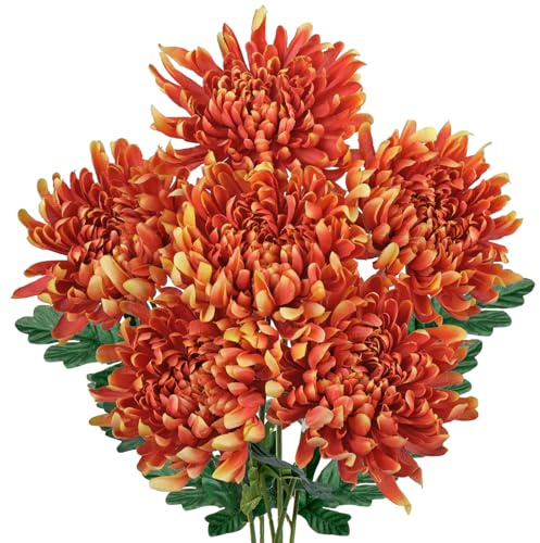Hollyone 6 Stück Künstliche Chrysantheme Seiden, Kunstblumen Hortensien Seide Plastikblumen, Realistische Orange Seidenblume für Wohnzimmer Büro Deko Tisch Küche