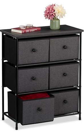 Relaxdays Cómoda, 6 Cajones de Tela, Pasillo y Dormitorio, 73x60x32 cm, Armario Cajonera con Balda, Metal, Gris/Negro