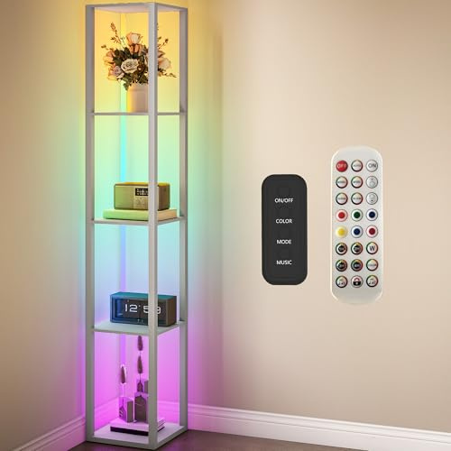 HOMCOM RGB LED Floor Lamp with Shelves Dimmable Remote Control Grey | Modern Standing Lamp, Adjustable Brightness & Speed, Living Room, Bedroom, Office