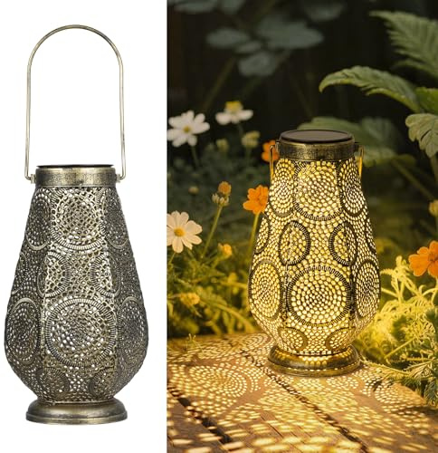 JOYCREATOR Solarlaterne für Außen, IP65 Wetterfest Solarlampen für Außen Hängend/Stehen, Metall Solar Laterne für Draußen Hof Rasen Garten Deko, Weihnachtsgeschenke für Frauen Mama(Bronze/Große)