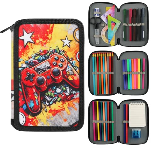 Federmäppchen Jungen Gamecontroller Mäppchen 44-teilig Schreibwaren 3 Fach | Große Federmappe 3 Fächer Reißverschluss Federtasche mit Lineal Wasserfarben Geschenk für Schule Mädchen Teenager (Rot)