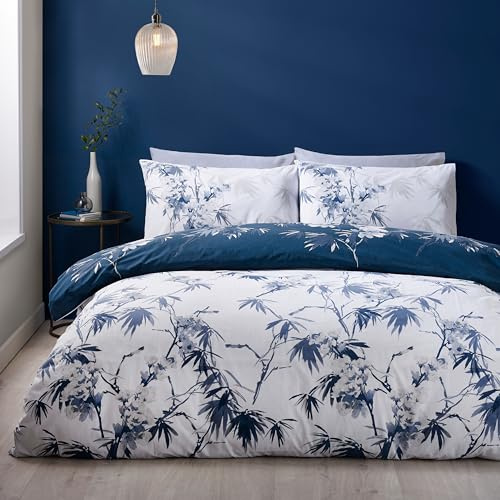 Catherine Lansfield Kyoto Floral Reversible Single Duvet Cover Set with Pillowcase Blue