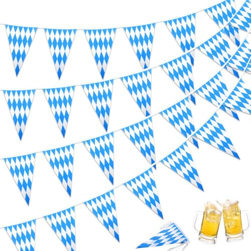 66ft/20m Oktoberfest Deko Wimpelkette, Bayrische Wiesn Deko, 2 Stück Banner Wimpel Girlande Bayern Wimpelkette Outdoor Wetterfest für Oktoberfest Bayrische Wiesn Party Deko Weiß Blau