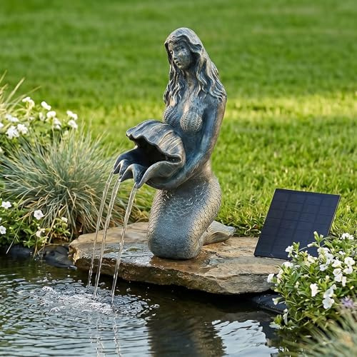 Wasserspeier Solar mit Pumpe – Teichfigur Meerjungfrau mit Solarpumpe & Wasserspiel – Gartendeko aus Polyresin in Bronze-Optik – Solarbrunnen für Gartenteich & Wasserlauf 27×14×13 cm