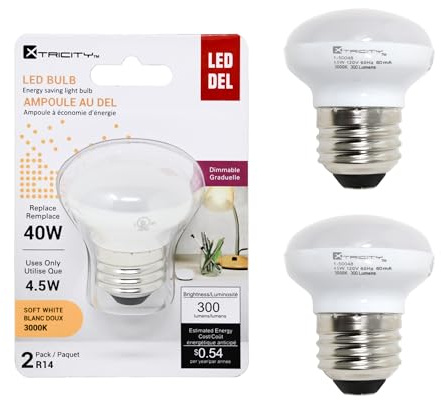 Xtricity R14 Dimmable LED Light Bulbs, E26 Base, 4.5W (40 Watt Equivalent), 3000k Soft White, 300 Lumens – Curio Cabinet Lighting, China Cabinet Lights - Mini Light Bulbs, RoHS Compliant (2 Pack)