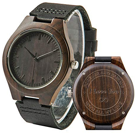 Reloj personalizado para hombre, analógico, de cuarzo, grabado, de madera, casual, para padrinos de boda, Ébano06, Correa