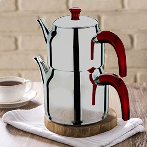 Hakan Juego de tetera de acero inoxidable de 3.2 L, 107 onzas, juego de tetera doble Bondy con tapa doble coladora, juego de tetera estilo turco Samovar, tetera para té de hojas sueltas con mango de