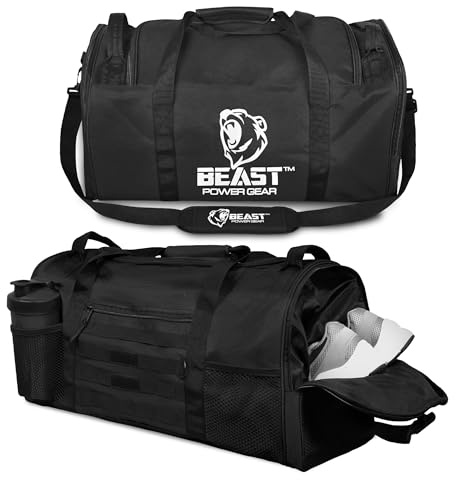 Beast Power Gear gym duffelväska – träning, boxning, MMA, sportväska med skofack och justerbar axelrem för män och kvinnor, Svart, Duffel