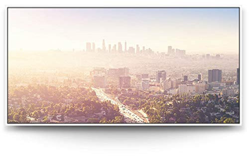BilderKing Impostantes XXL Leinwandbild 180x90cm, Skyline LA umrahmt mit weißem Schattenfugenrahmen. EIN eindrucksvolles Panoramabild, Motiv Sonnenaufgang, für Wohnzimmer, Schlafzimmer
