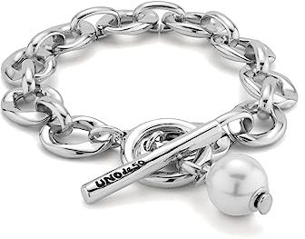 UNO de 50 Pulsera Bañada En Plata De Ley Con Eslabones Medianos, Charm De Perla Y Cierre De Aro Y Barrita