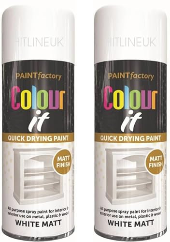 HitlineUK 2 x 400ml White Matt Spray Paint – Quick-Dry Paint for Wood, Metal, Plastic – Interior & Exterior Use – Colour It Aerosol with Smooth Finish & Excellent Adhesion