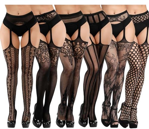DRESHOW 6 Pack Women Fishnet Tights Suspender Pantyhose Thigh High Stockings