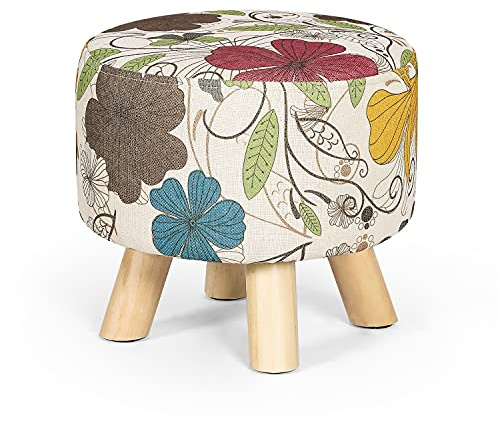 Asense 11-inch Round Ottoman Footstool,Small Padded Seat with Wood Legs,Foot Rest Stool for Living Room Bedroom Couch,Flower