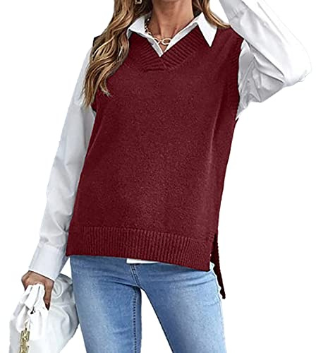 MODFUL, Gilet in Maglia da Donna Senza Maniche con Scollo a V, Maglione Oversize Classico Pullover, Rosso, L
