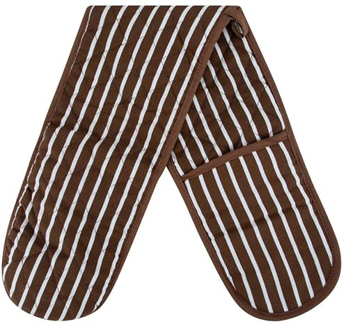 Brown Double Oven Gloves - Heat Resistant Oven Mitts for Home Kitchen Baking and Cooking, Butchers Stripe Pot Pan Tray, Heavy Duty Cooking Gloves