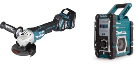 Makita DGA517RTJ Akku-Winkelschleifer 18 V / 5,0 Ah mit Paddleschalter, 2 Akkus + Ladegerät im MAKPAC, Schwarz & DMR112 Akku-Baustellenradio 7,2 V - 18 V mit DAB+ und Bluetooth, türkis