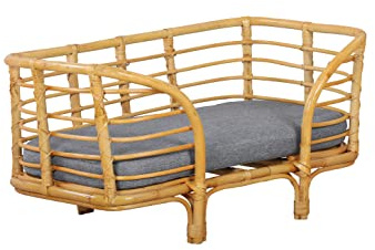 BEAU RIVAGE Selene Hunde- und Katzenbett, rechteckig, aus Rattan, mit Kissen, Grau