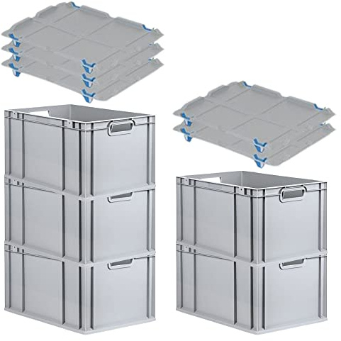 PROREGAL SparSet 5x Eurobox NextGen Grip mit Auflagedeckel & 4 blauen Schiebeschnappverschlüssen, HxBxT 32x40x60cm, 65 L, Grau, Griffe offen, Eurobehälter, Transportbox