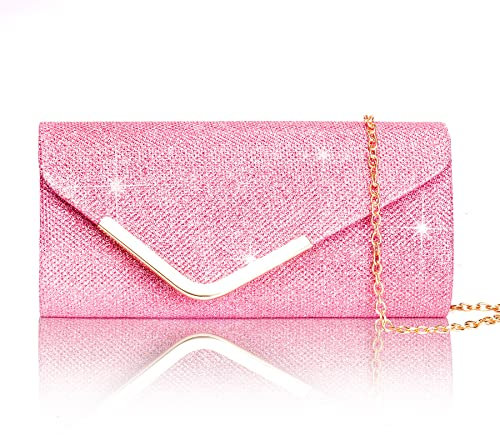 Larcenciel Damen Clutch, Glänzende Pailletten Abendtaschen mit Abnehmbarer Kette, Envelope Handtasche für Damen, Elegante Cross Body Umhängetasche für Hochzeit, Party, Bankett, Feiertage (Rosa)