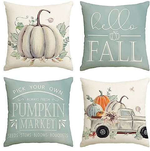 Artoid Mode Kürbisse Lastwagen LKW Herbst 45x45 cm 4er Set Kissenbezüge | Saisonal Eukalyptus Blätter Fall Zierkissenbezug Cushion Cover Couch Wohnzimmer Deko