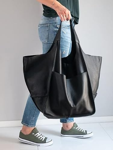 PURRL Beiläufige weiche große Kapazität Tote Frauen Handtaschen Designer im Alter von Metall-Look Luxus-Pu-Umhängetasche Retro Big Shopper Geldbörsen (Color : Black)