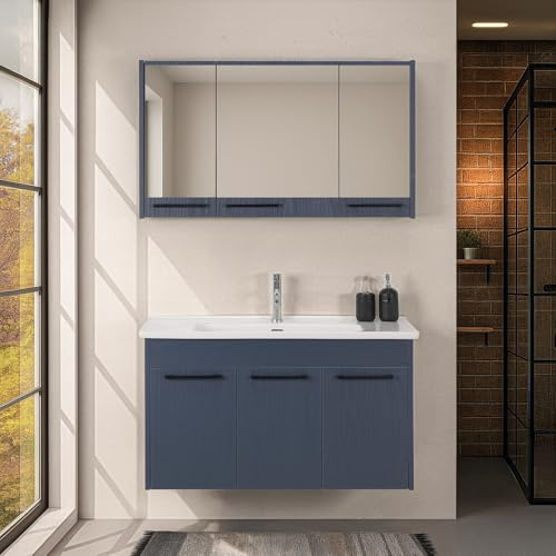 Inbagno Mobile bagno sospeso 100 cm blu effetto legno, a tre ante con lavabo e armadietto a specchio, serie SOFIA