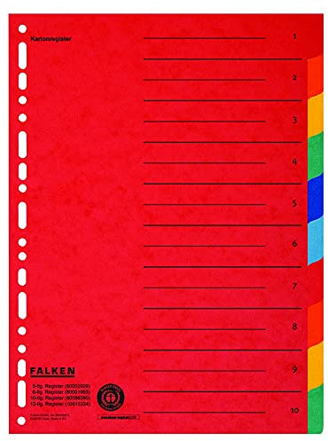 20x Original Falken Karton-Register überbreit für DIN A4+ 24,5 x 30 cm volle Höhe mit Organisationsdruck 10-teilig vollfarbig 2 x 5 Farben zur Ablage von Prospekthüllen