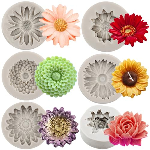Sijiangmold Set di 6 stampi in silicone a forma di fiore con crisantemo e margherite | Stampo a forma di fiore per cioccolatini, caramelle, decorazione torte, topper in resina polimerica, pasta di gomma