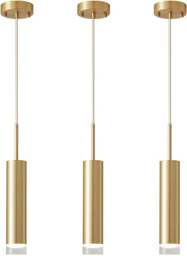 KCO Lighting Industrielle Moderne Goldene LED-Pendelleuchte mit Langer Röhre Und 3 Lichtern, Mid-Century-Pendelleuchten aus Gebürstetem Messing im Mini-Zylinder-Stil für die Kücheninsel