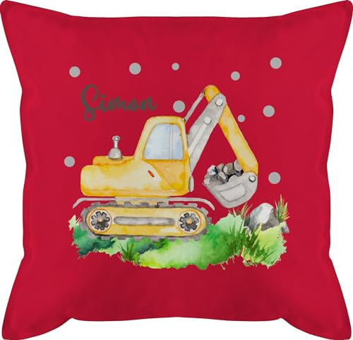 Kissen 50x50 - Bagger I Baggerfahrer Geschenk - 50 x 50 cm - Rot - namenskissen Junge Bagger-Kissen baufahrzeug Name für Kinder personalisiertes Fahrzeug Digger füllung baufahrzeuge kinderkissen