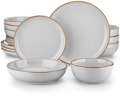 vancasso Dinner Sets, Nymph Grey Plates and Bowls Set, 16-Piece Color Glaze Crockery Set with 10.5in Dinner Plate, 8in Salad Plate, 1340ml Pasta Bowl and 800ml Cereal Bowl
