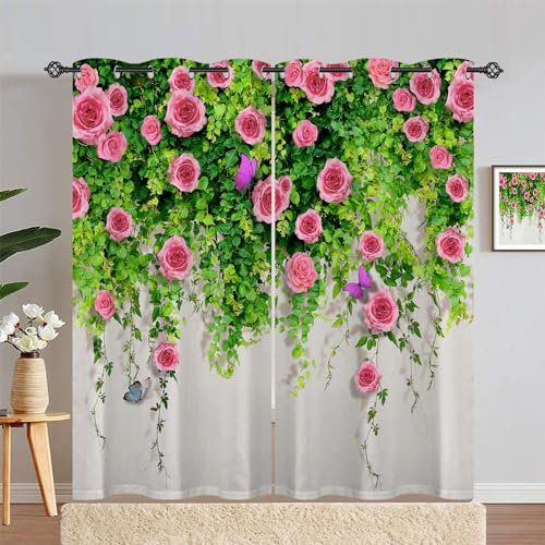 ANHOPE Rose Curtains Eyelet Thermal Insulated Blackout Curtains Pink Rose Leaf Butterfly Print Pattern Ring Top Drapes for Kids Girls Bedroom Living Room 46 x 72 Inch Drop 2 Panels