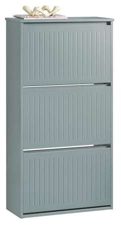 SoBuy Schuhschrank schmal mit 3 Klappen 61x120x26cm für Flur | Schuhkipper mit 6 Ablageflächen und herausnehmbaren Böden, MDF E1, Tragkraft 26kg, höhenverstellbar, hellgrau FSR165-H-HG