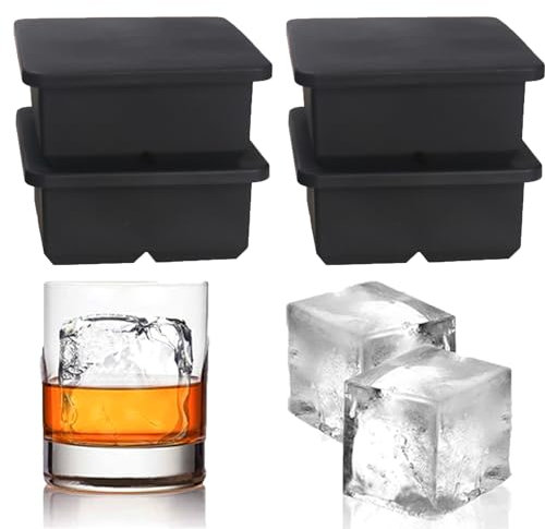 Large Ice Cube Trays for Whiskey: BECOKIT Big Silicone Ice Cube Trays - 2.5Inch Square Ice Cubed Tray for Bourbon Whisky and Cocktail - 4Pack Giant Silicon Ice Cube Tray (Black 4 Tray)