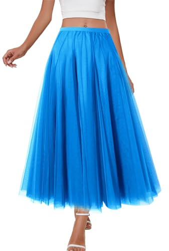 shownicer Tüllrock Damen Elastischer Hohe Taille Bund Mesh Chiffon Rock Lang Einfarbig Röcke Maxiröcke Elegant Swing A Linie Unterrock Freizeitrock