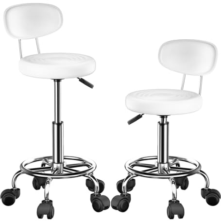 HAMHAIGO 2 Set Bürohocker Höhenverstellbar, Stehhocker um 360°drehbarer, Ergonomischer Hocker Höhenverstellbar Sitzhöhe 46-62cm, Arbeitshocker mit Rückenlehne, Rollen und Hebefunktion Weiß