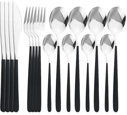 GeRnie Set di posate in oro verde 16 pezzi Set di posate in acciaio inossidabile 304 Coltelli Forchette Cucchiai Set da tavola Stoviglie da cucina Set di posate (Color : Black Silver)