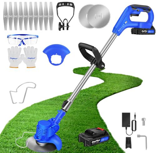 Qimu Akku Rasentrimmer 21V Elektrischer Rasentrimmer Elektro-Trimmer Akku Motorsense Rasen mit 1.5Ah Akku & Metall Messer, Akku Freischneider Gartenkantenfräser mit Klingen für Garten, Hof