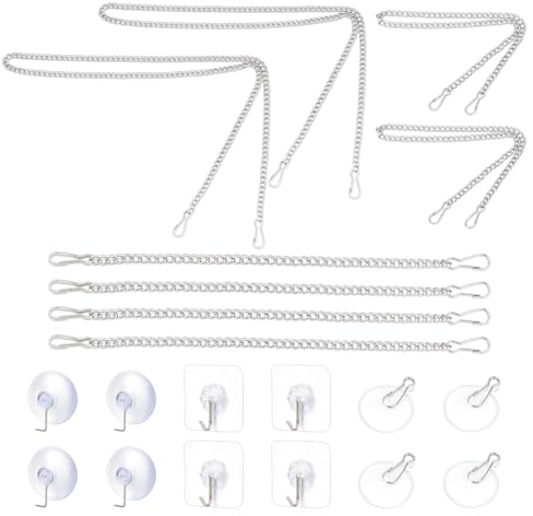 WEBEEDY 8 Pcs 3 Sizes Metal Hanging Chains Picture Hanging Chains with 18 Pcs Adhesive Hooks and Suction Cup Hooks for Glass Window Hangings and Suncatchers Hanging Chain Kit for Door Wall