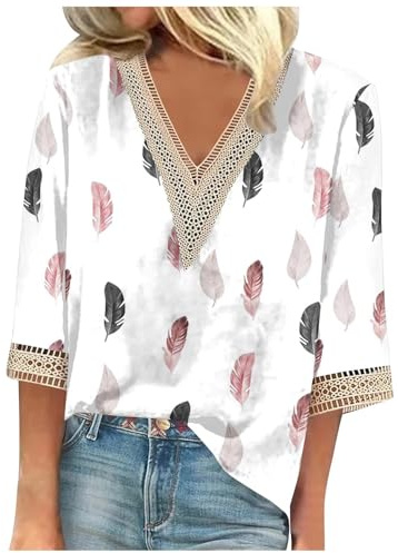 Uwdiohq Offerte Primaverili Camicie da Donna Camicie estive alla con Maniche a 3/4 Camicie Eleganti con Scollo a V in Pizzo Camicette Floreali per Le Vacanze alla Blusa Cotone T Shirt Offerta Donna