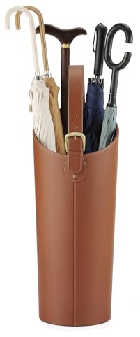 ELPMD Brown Artificial Leather Tall Umbrella Holer Entryway Indoor for Business Office,22.4 Inch Umbrella Stand Entryway with Removable Water Tray 2 Hooks