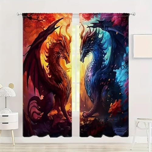 EXSANLIEAY Verdunklungsvorhänge Fliegender Drache, Vorhang Blickdicht Tier Vorhänge mit öSen 2er Set für Schlafzimmer Kinderzimmer, Deko Gardinen Wohnzimmer - B140 x H260 cm