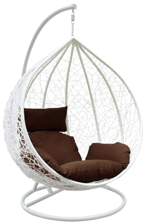 Rattan Swing Egg Chair Garden Swing Chair Patio Hanging Chair Indoor/Outdoor Hanging Hammock with Cushion (White Egg Chair & brown Cushion)