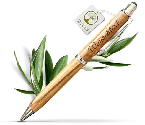 OLIQUE Kugelschreiber personalisiert, Olivenholz - Edler Holzkugelschreiber mit Gravur und Samtetui als individuelles Geschenk