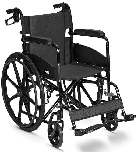 Lightweight Folding Wheelchair - Travel Friendly Foldable Self Propelled Transit Wheel Chair - Adjustable Footrests, Lock Lever Brakes, Dual Parking Brakes - Black, Standard 18 Seat