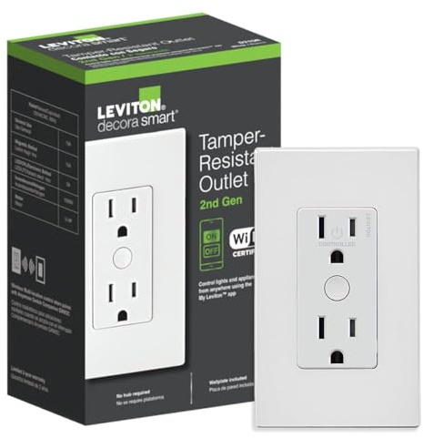 Leviton Decora Smart Outlet, Tamper-Resistant 15A, Wi-Fi 2nd Gen, Works with My Leviton, Alexa, Google Assistant, Apple Home/Siri & Wire-Free Companions for Switched Outlet, D215R-1RW, White